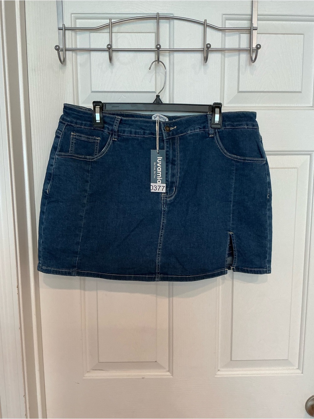 Luvamia Dark Blue Denim Mini Skirt with Front Slit